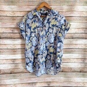 Lauren Ralph Lauren 100% Linen Blue Floral Print Short Sleeve Button Down Top M